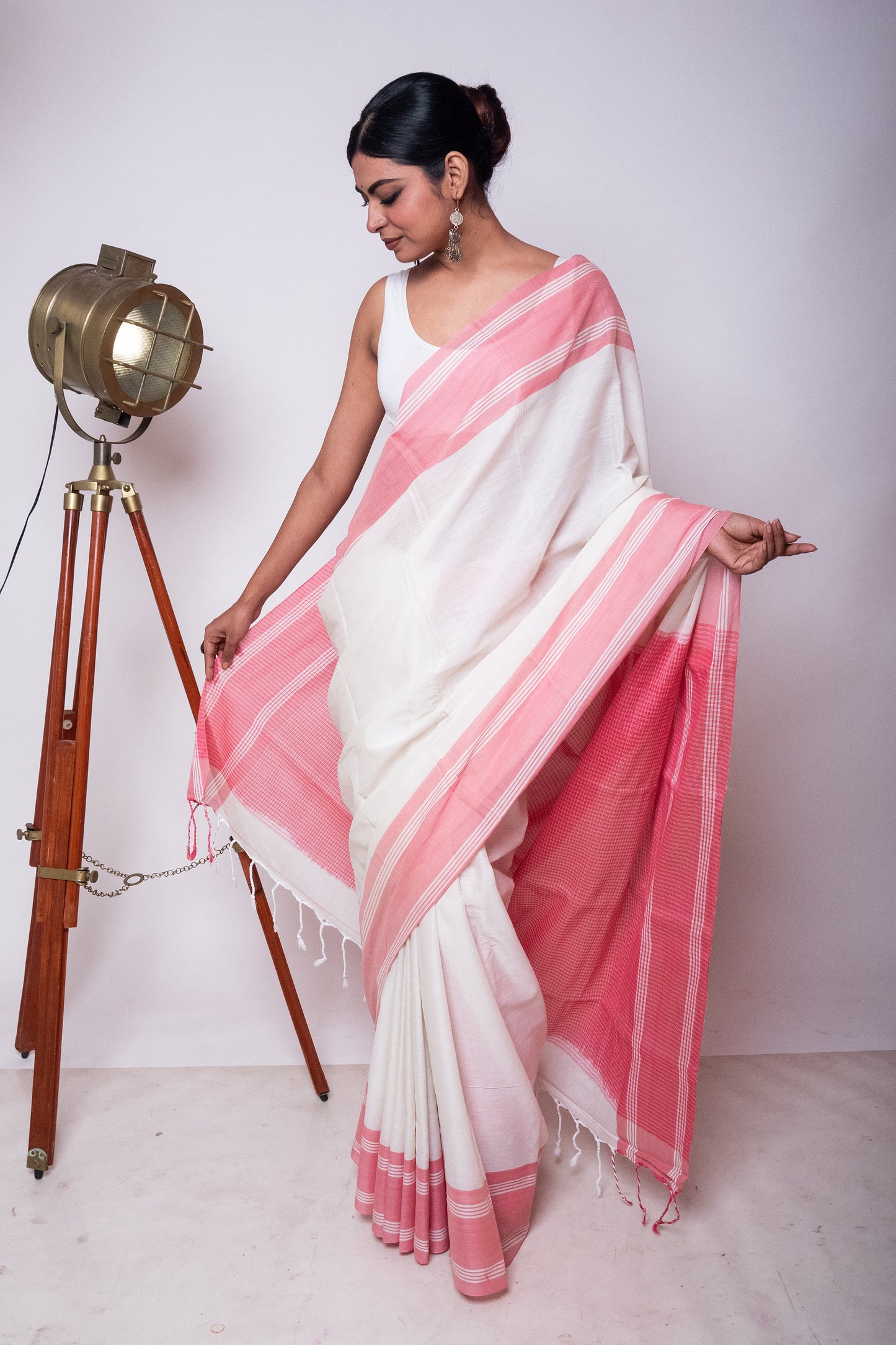 White Bengal Cotton Saree with Pink Check Palla & Blouse