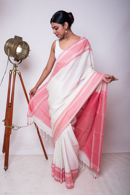 White Bengal Cotton Saree with Pink Check Palla & Blouse