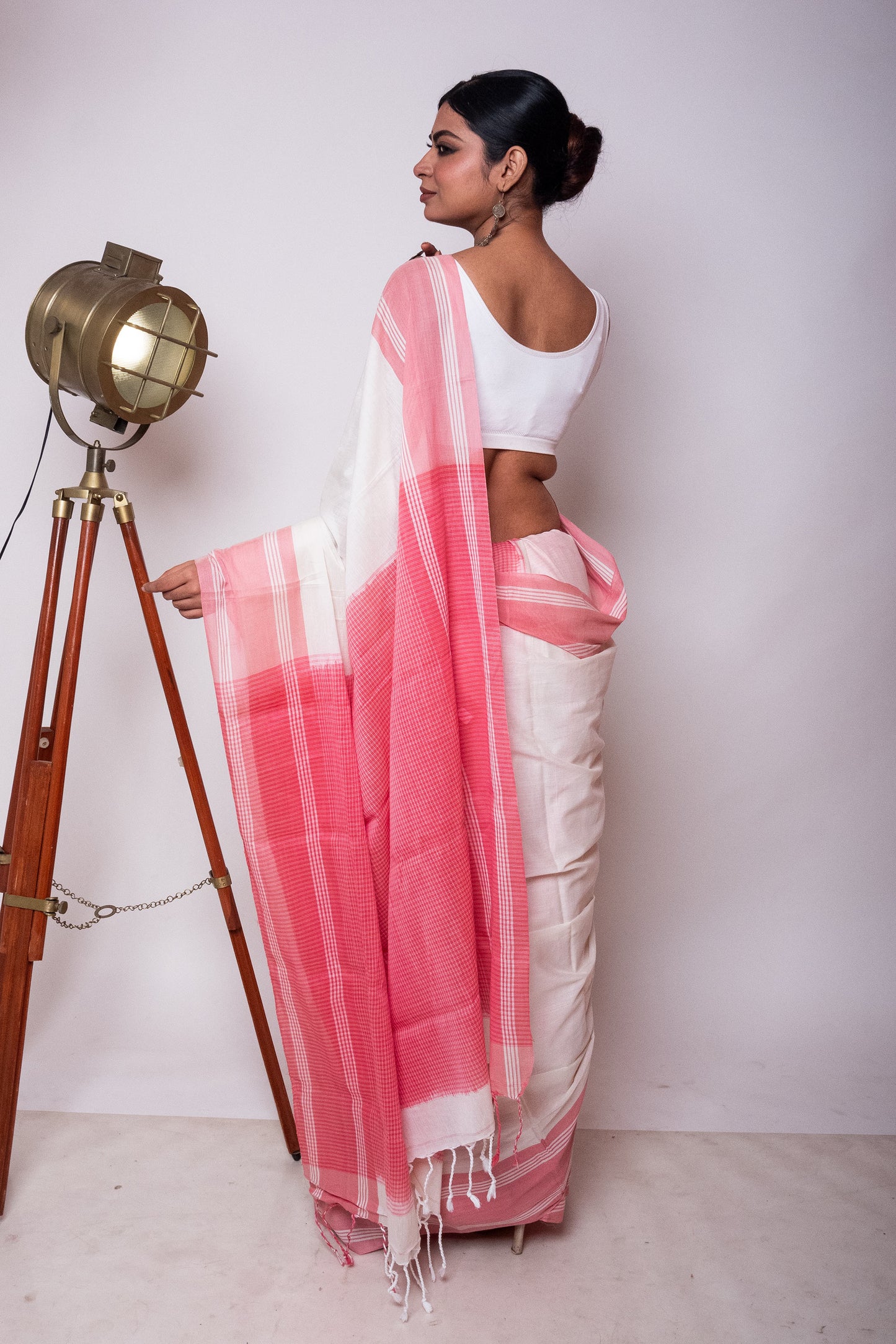 White Bengal Cotton Saree with Pink Check Palla & Blouse