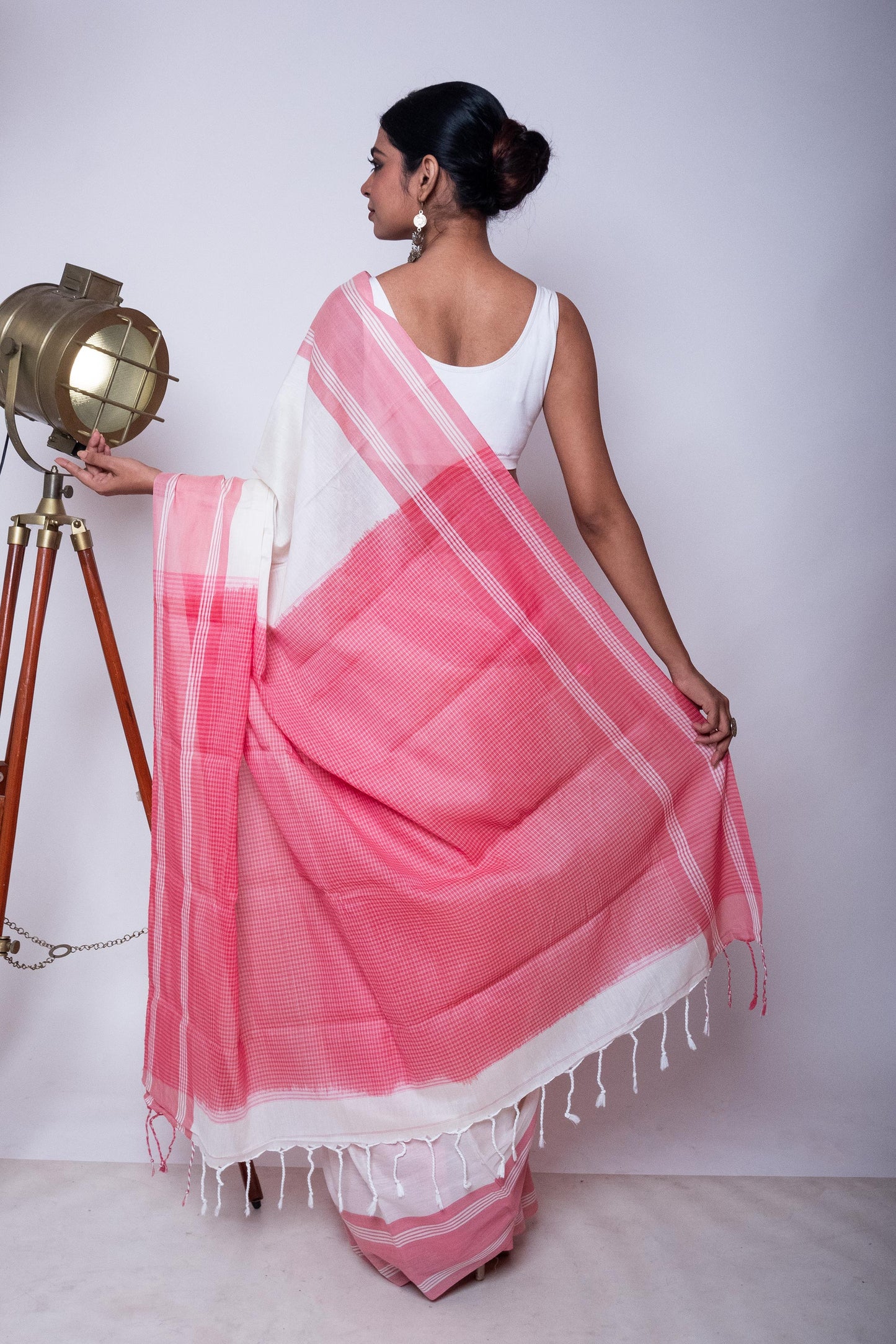 White Bengal Cotton Saree with Pink Check Palla & Blouse