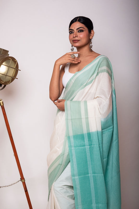 White Bengal Cotton Saree with Green Check Palla & Blouse