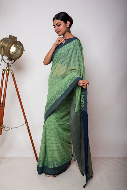 Pista Green Bengal Cotton Check Saree with Woven Border