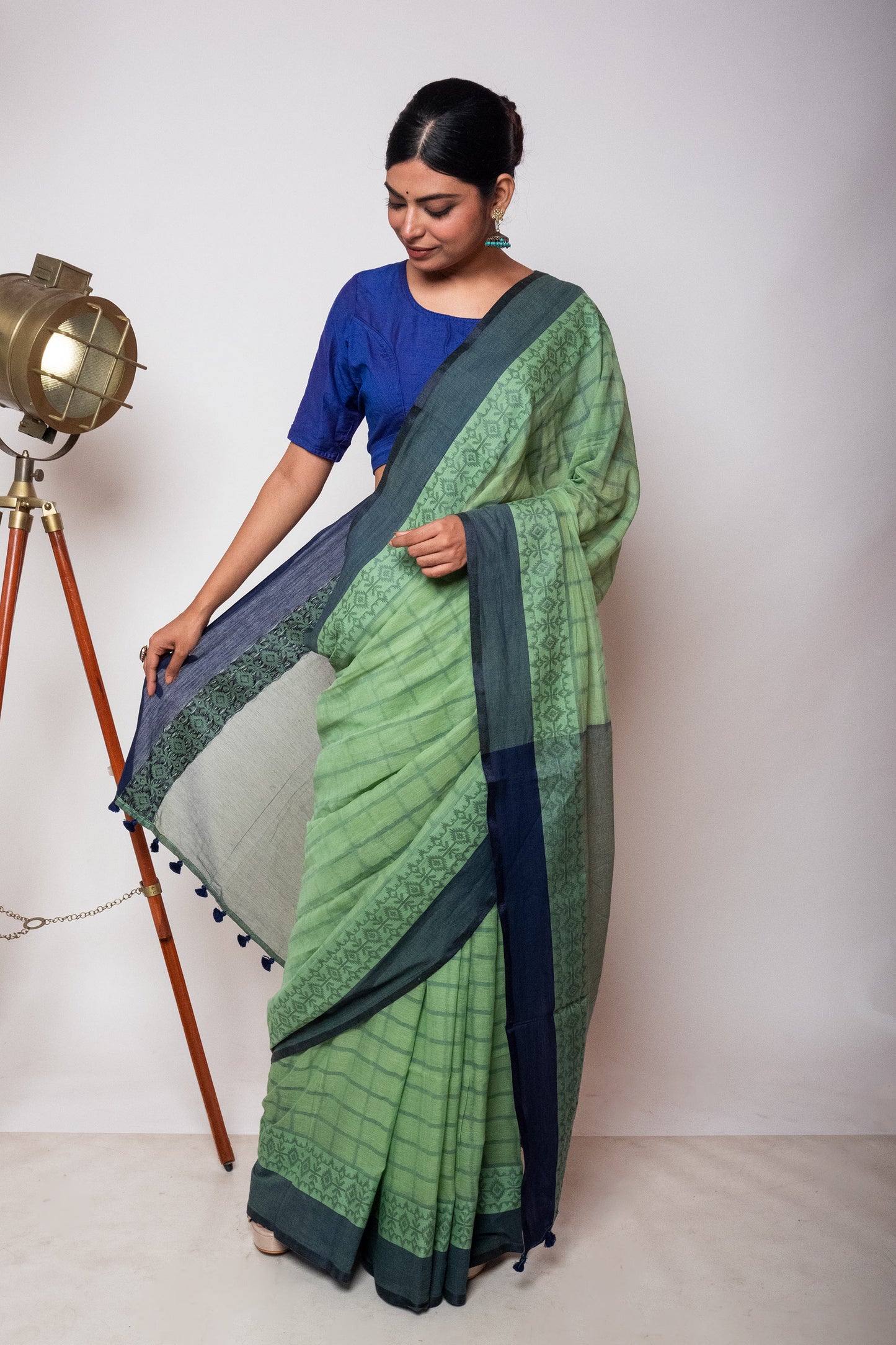 Pista Green Bengal Cotton Check Saree with Woven Border