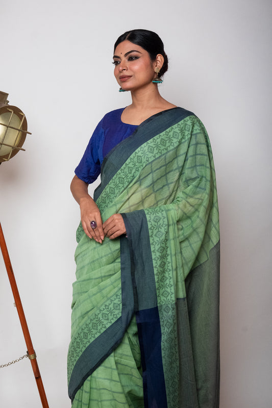 Pista Green Bengal Cotton Check Saree with Woven Border