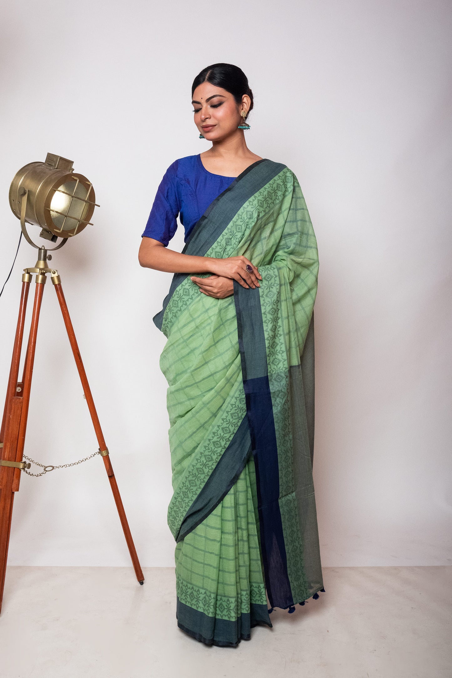 Pista Green Bengal Cotton Check Saree with Woven Border