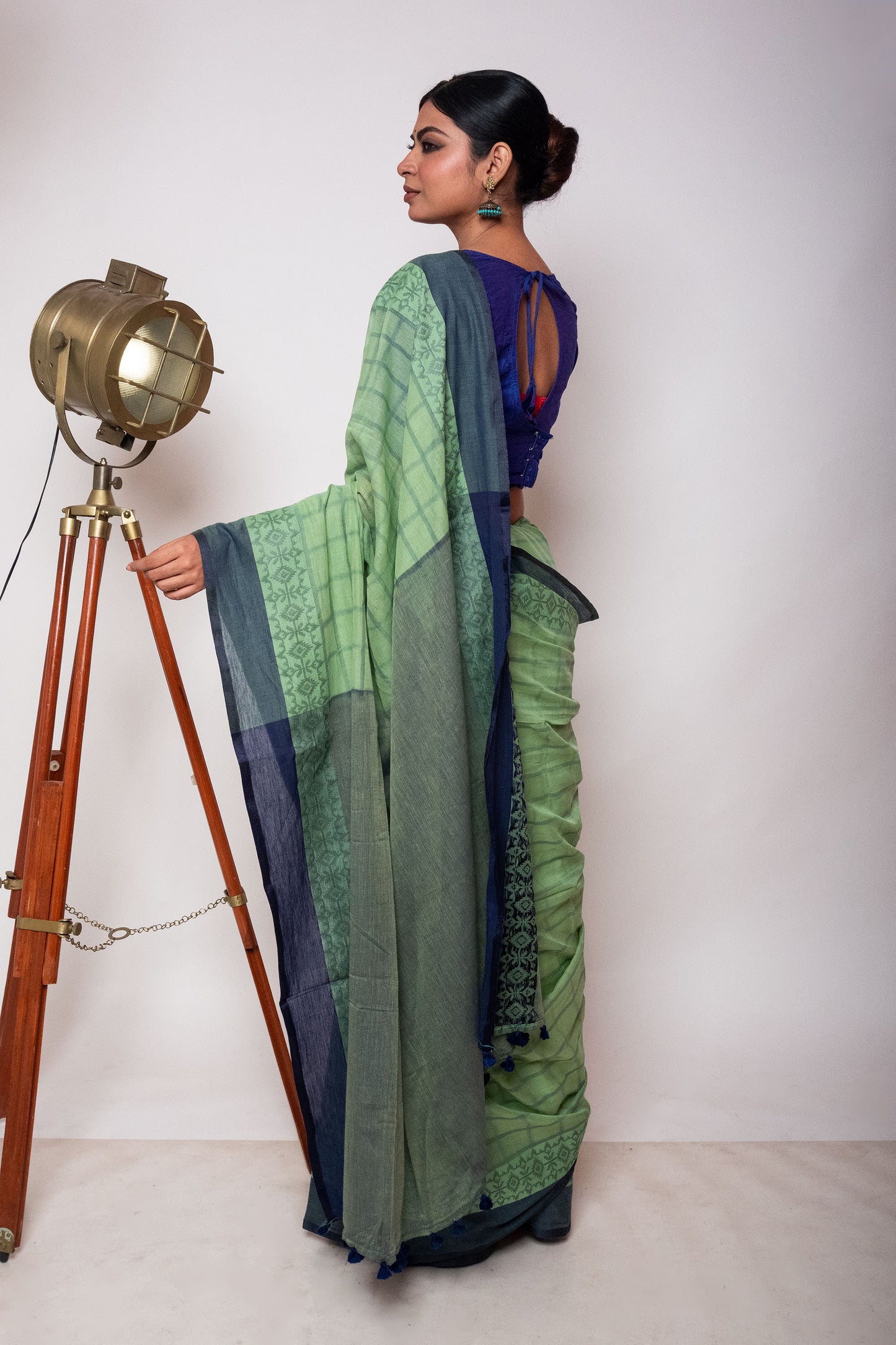 Pista Green Bengal Cotton Check Saree with Woven Border