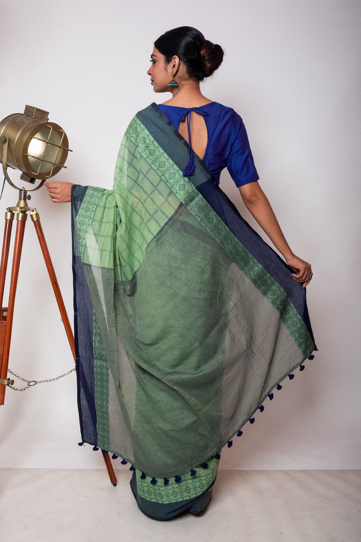 Pista Green Bengal Cotton Check Saree with Woven Border