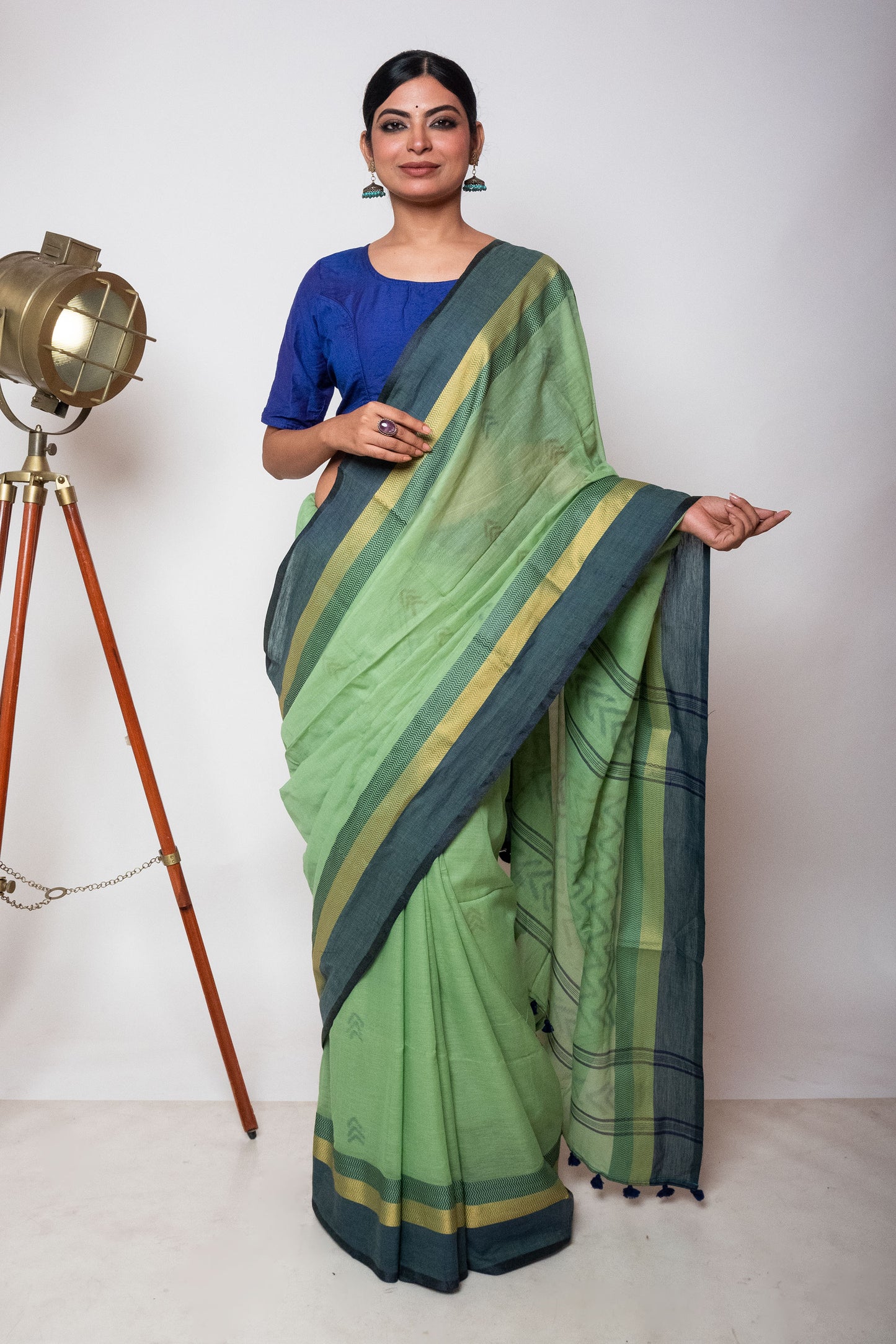 Pista Green Bengal Cotton Saree with Dual Color Border