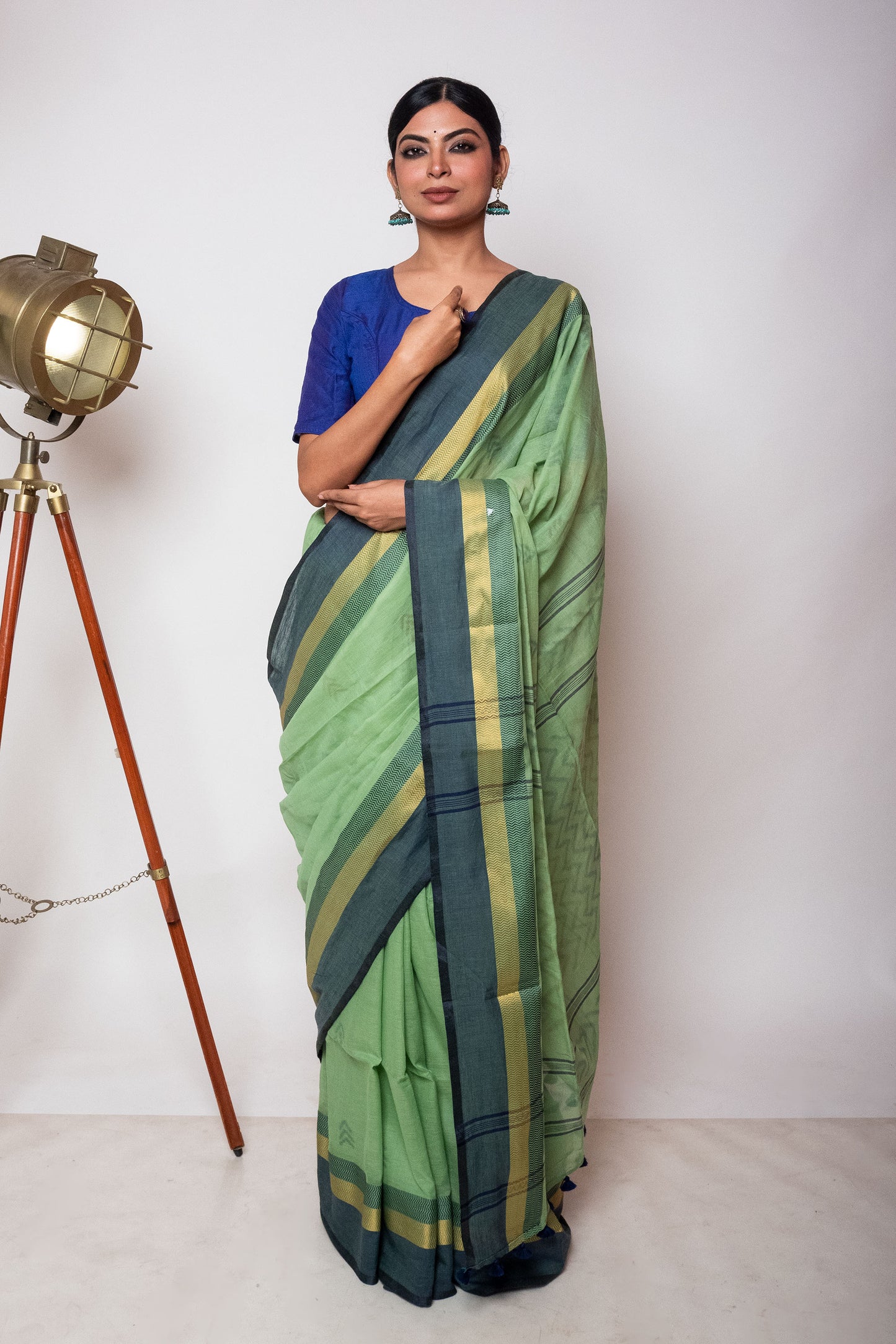 Pista Green Bengal Cotton Saree with Dual Color Border