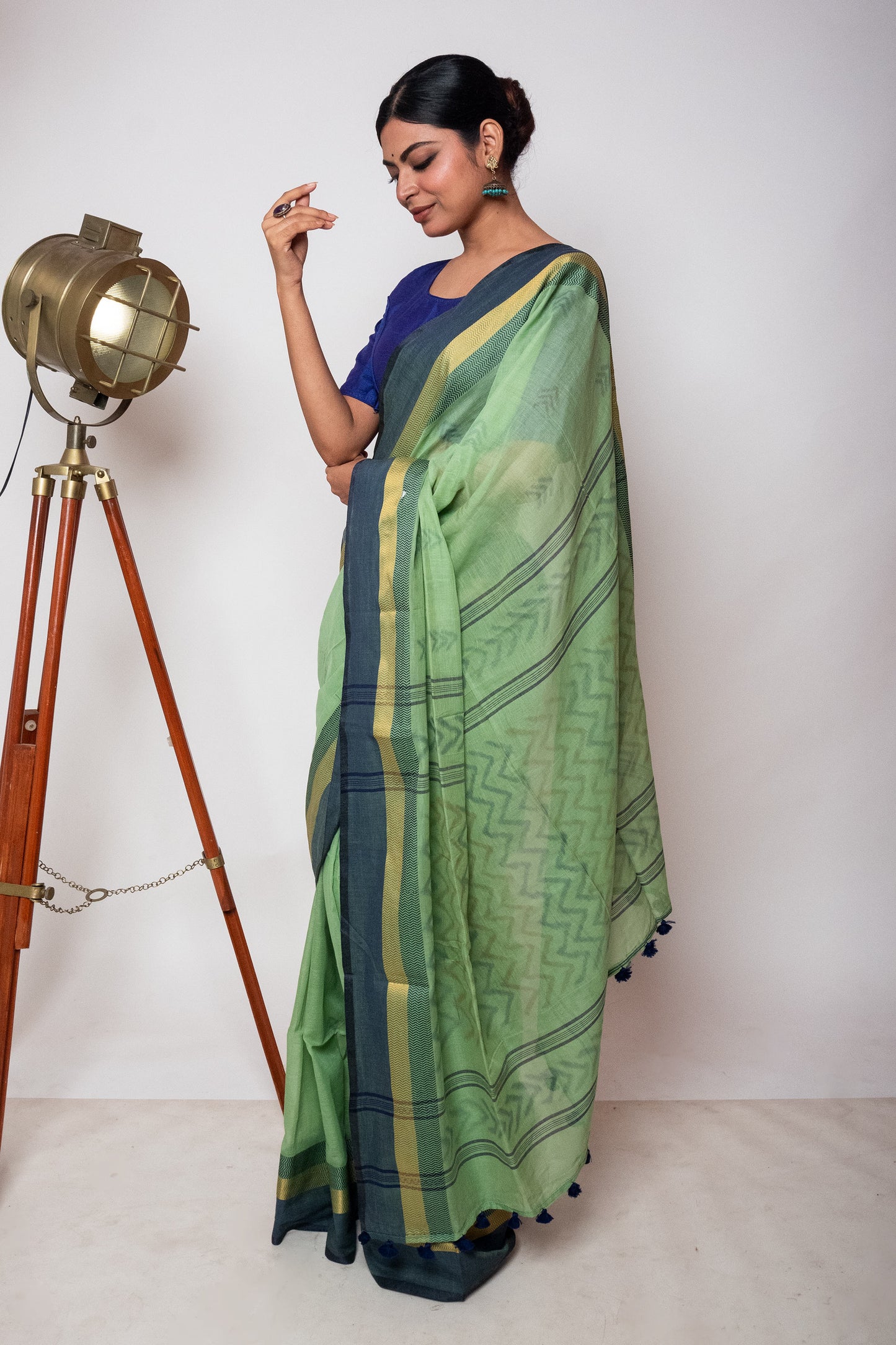 Pista Green Bengal Cotton Saree with Dual Color Border