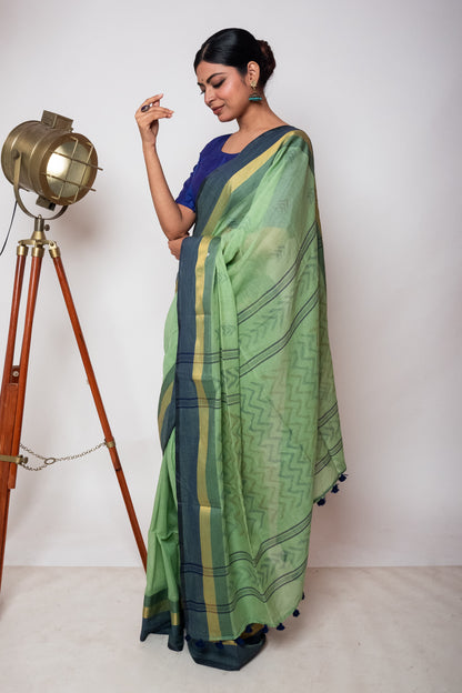 Pista Green Bengal Cotton Saree with Dual Color Border