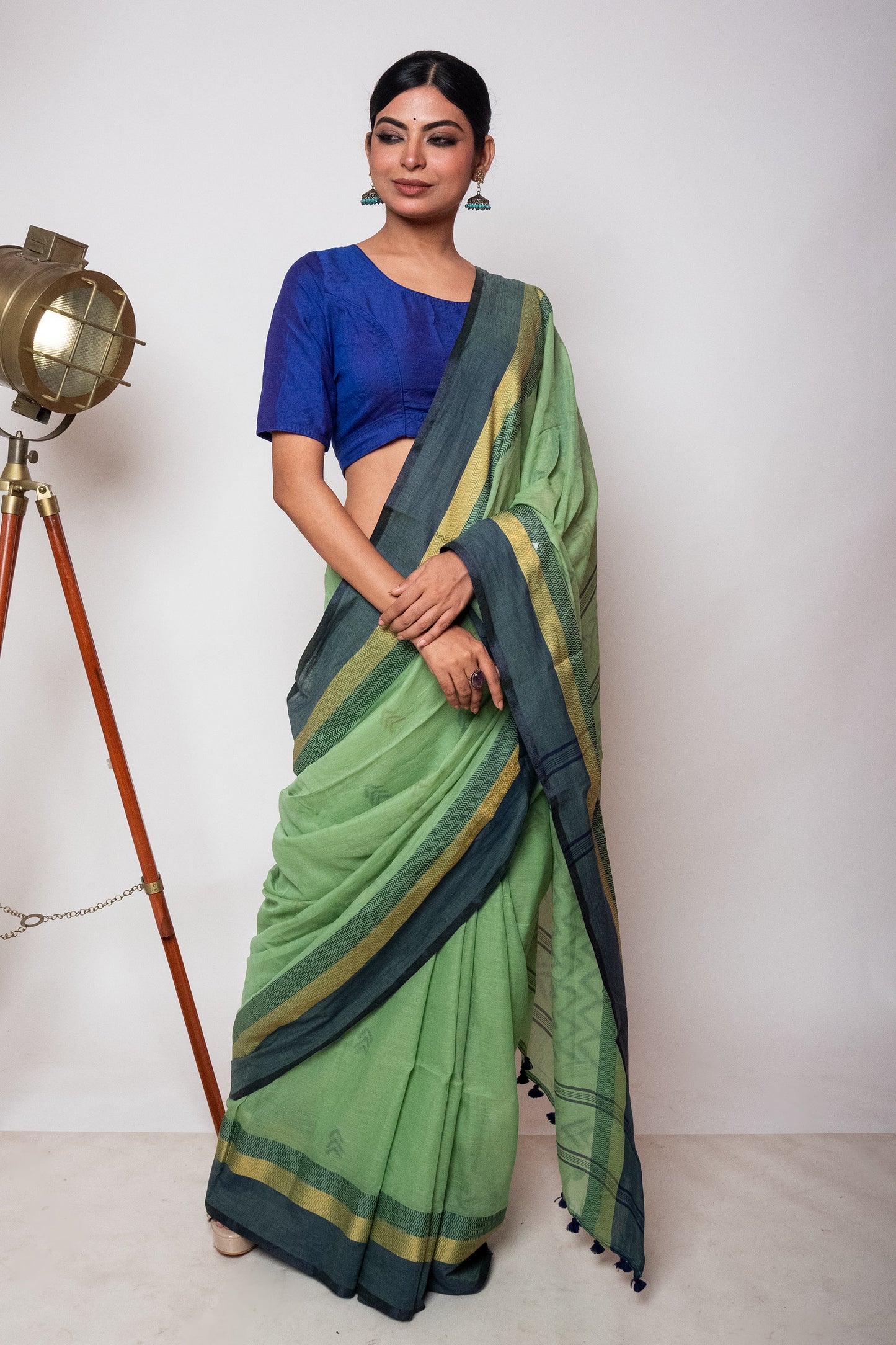 Pista Green Bengal Cotton Saree with Dual Color Border