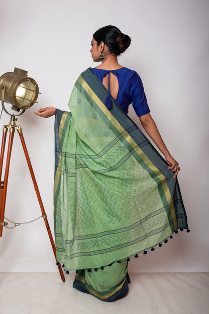 Pista Green Bengal Cotton Saree with Dual Color Border