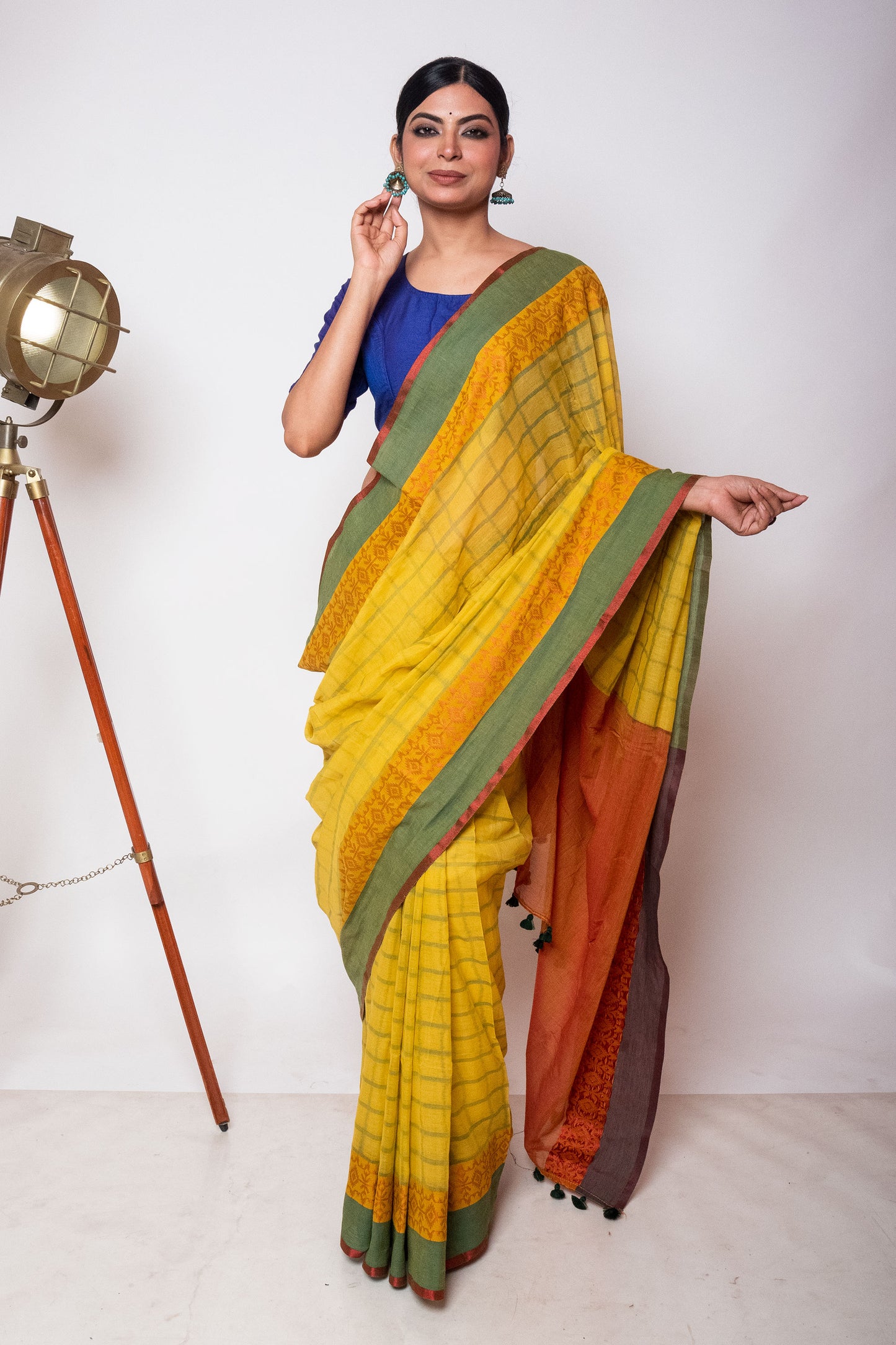 Yellow Bengal Cotton Check Saree with Woven Border