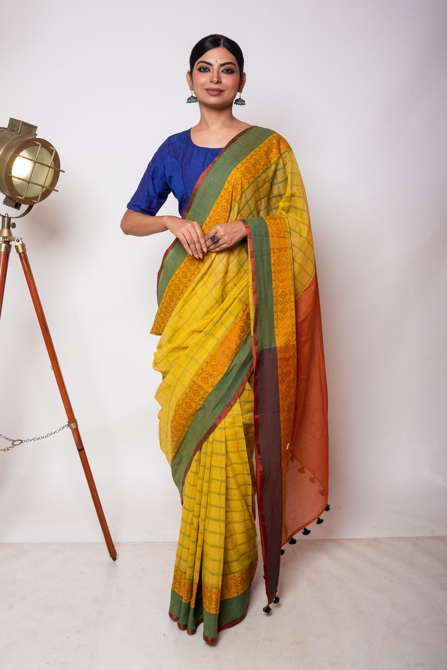 Yellow Bengal Cotton Check Saree with Woven Border