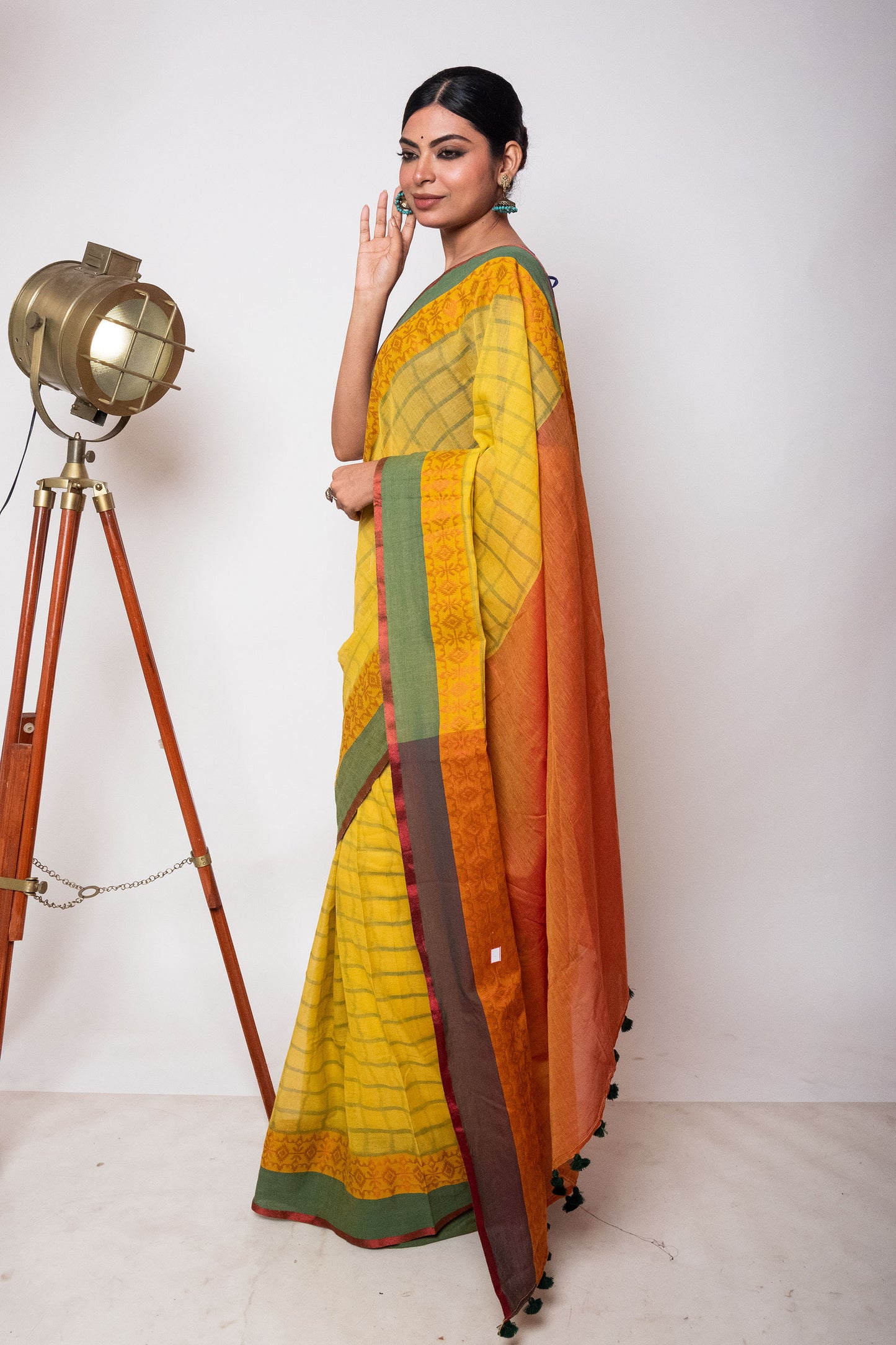 Yellow Bengal Cotton Check Saree with Woven Border