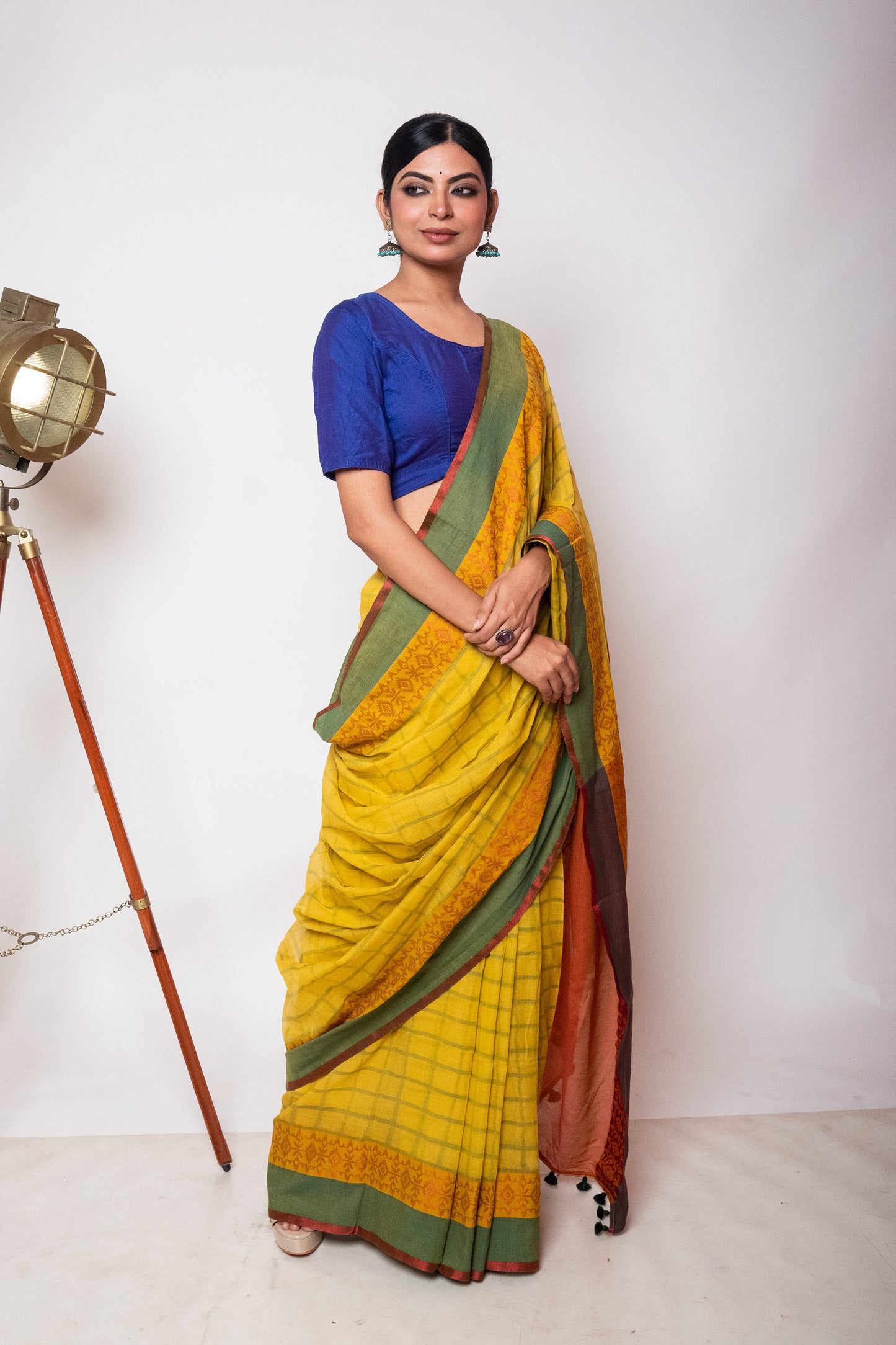 Yellow Bengal Cotton Check Saree with Woven Border