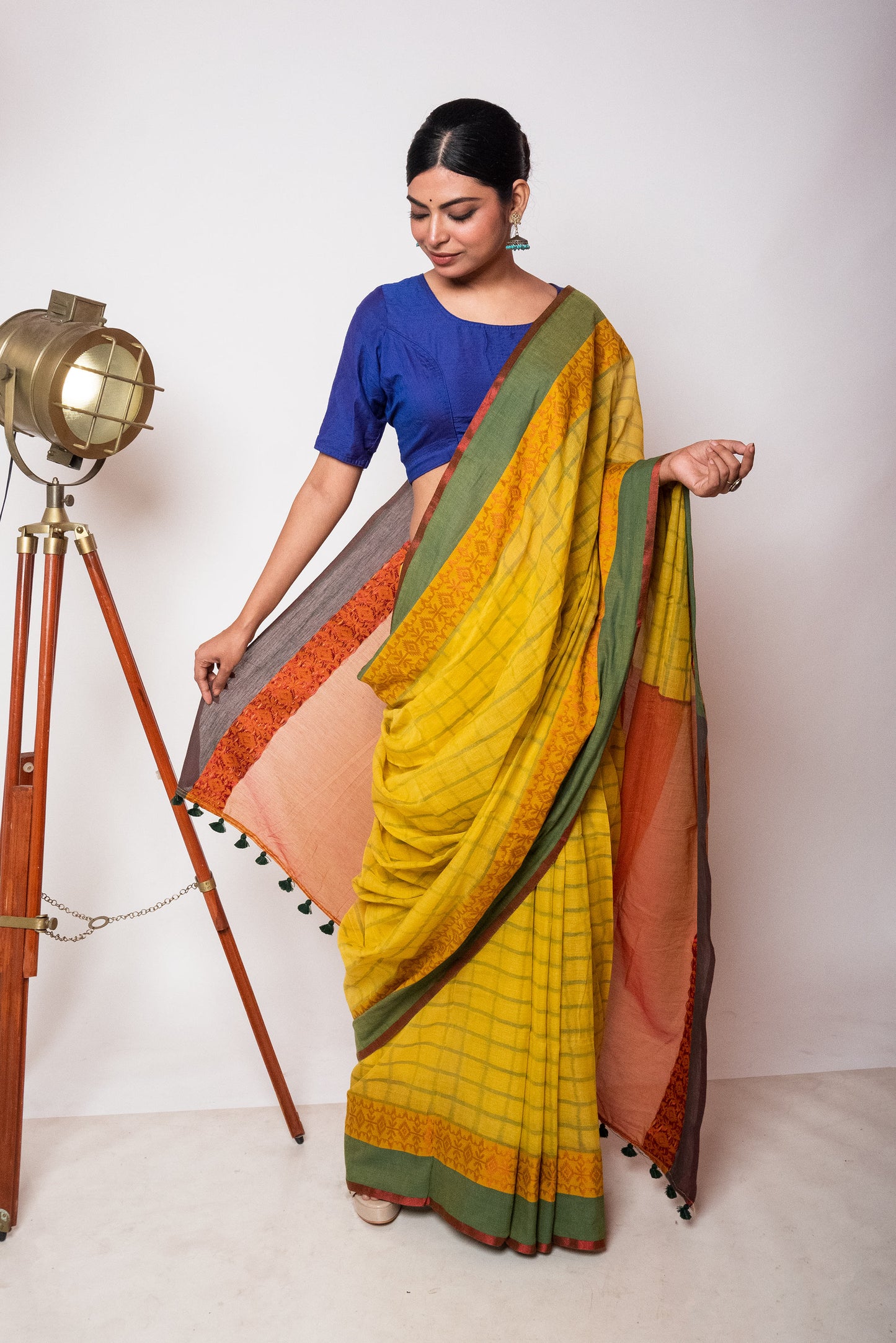 Yellow Bengal Cotton Check Saree with Woven Border