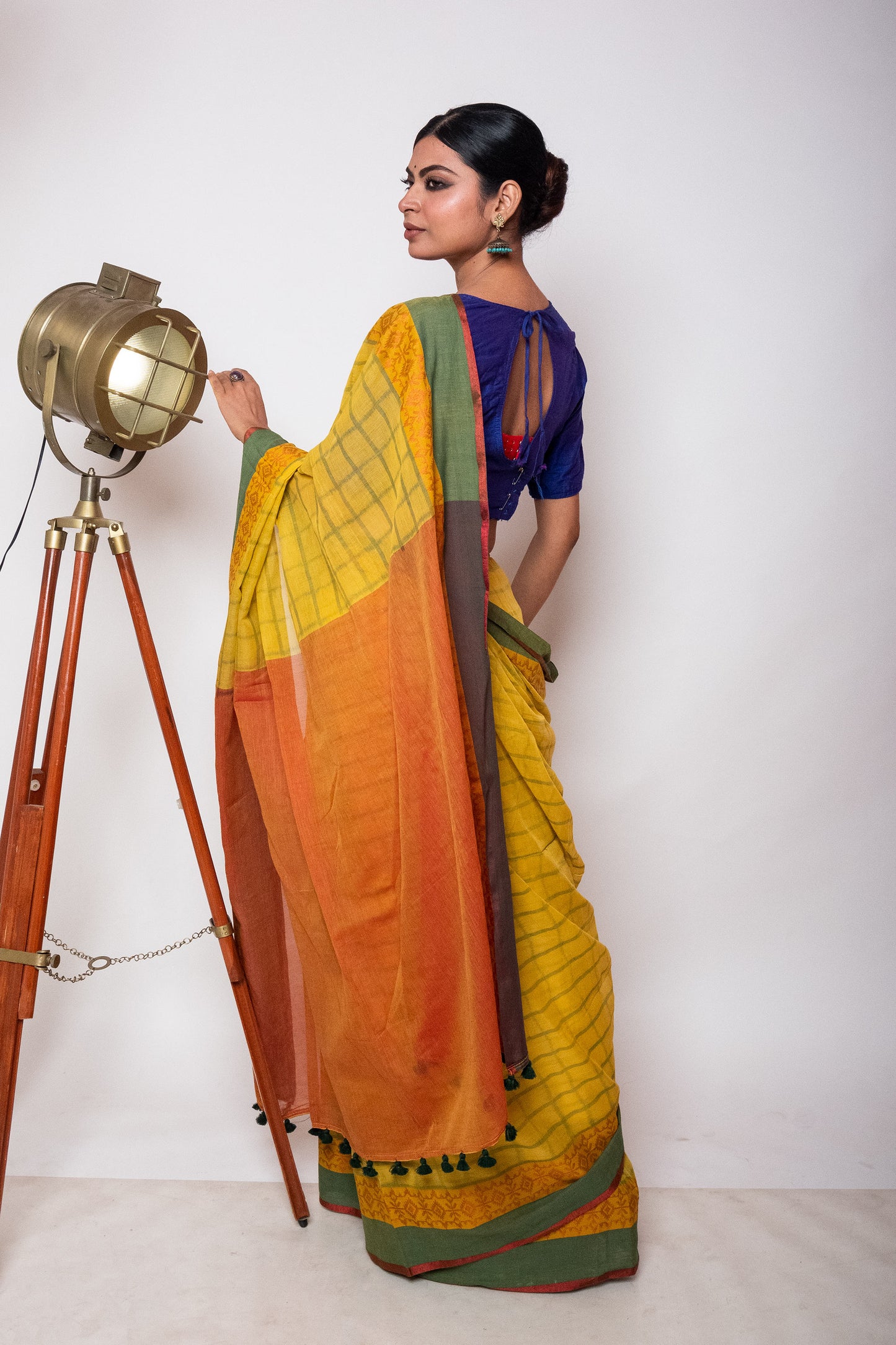 Yellow Bengal Cotton Check Saree with Woven Border