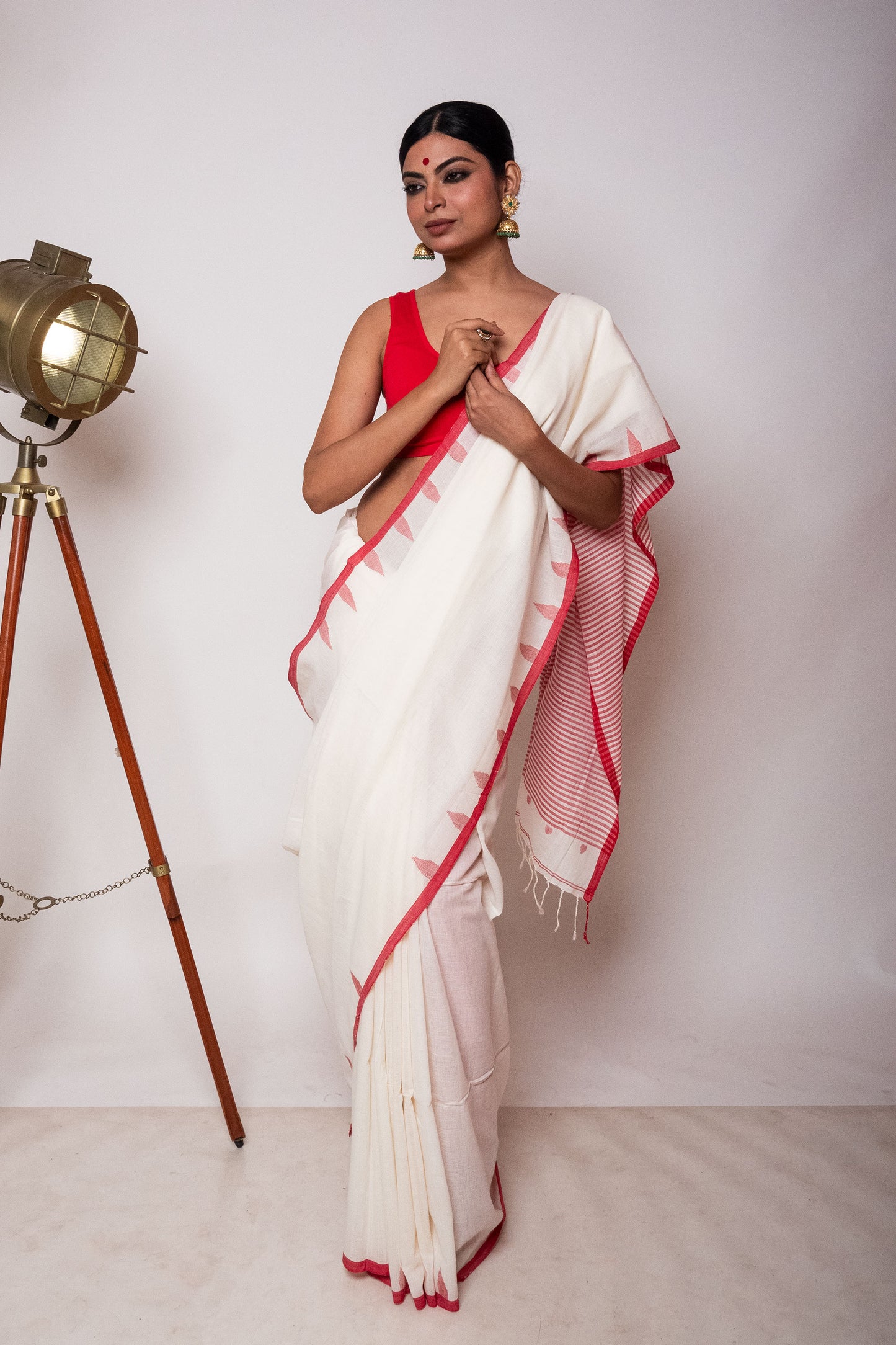 White Fulia Cotton Saree with Red Temple Woven Border