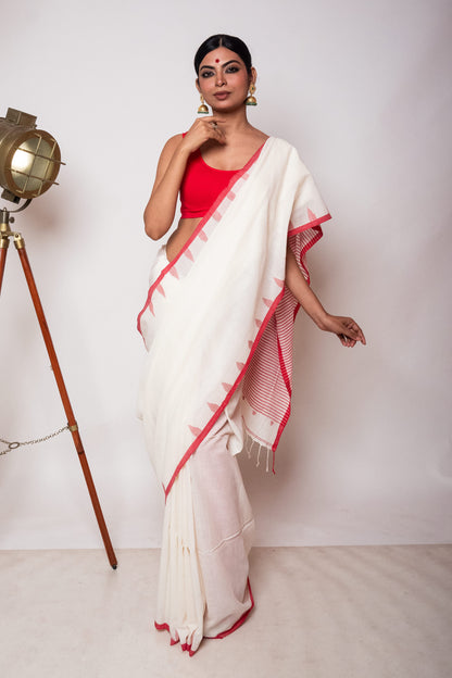 White Fulia Cotton Saree with Red Temple Woven Border