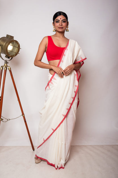 White Fulia Cotton Saree with Red Temple Woven Border