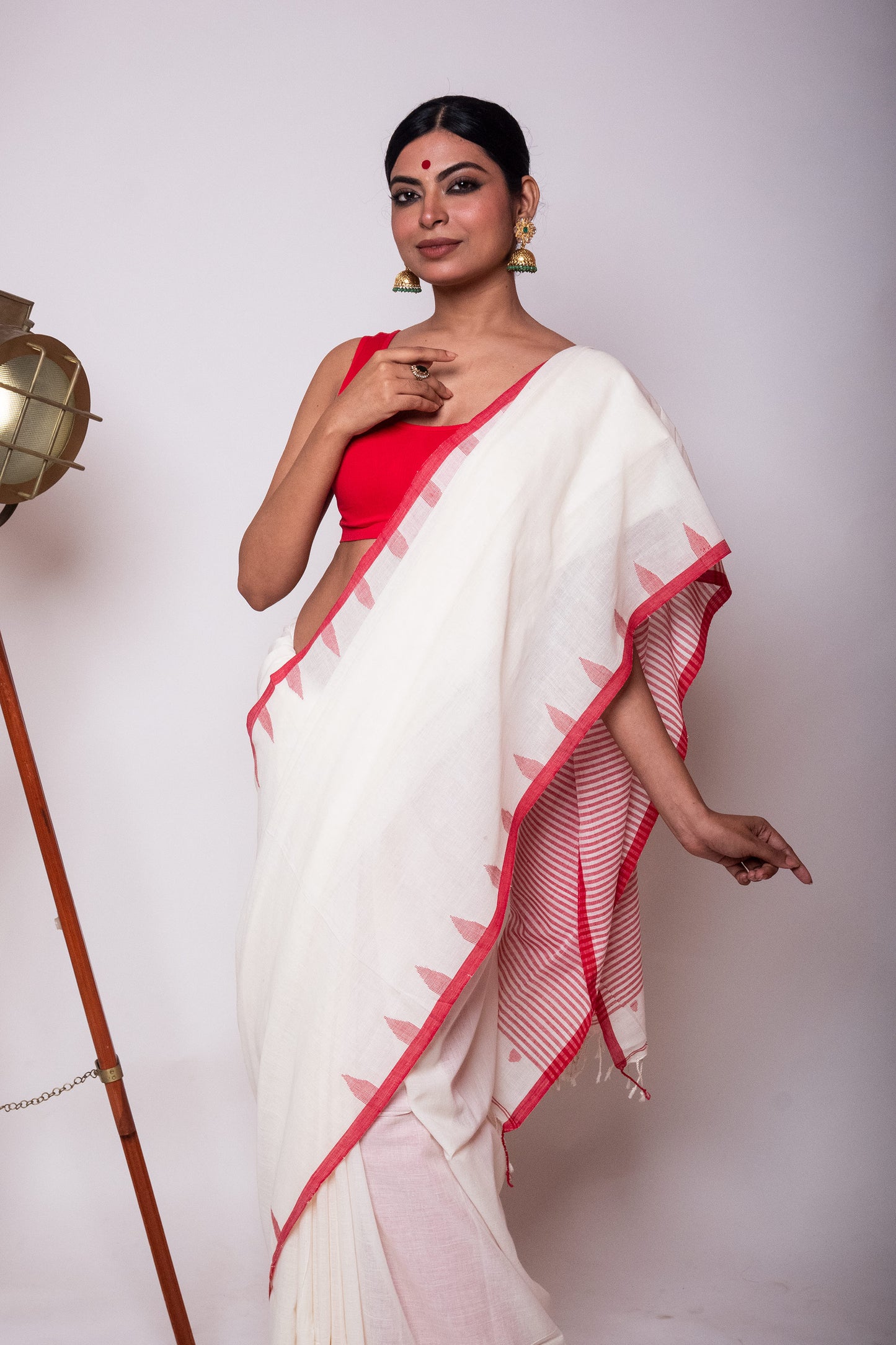 White Fulia Cotton Saree with Red Temple Woven Border