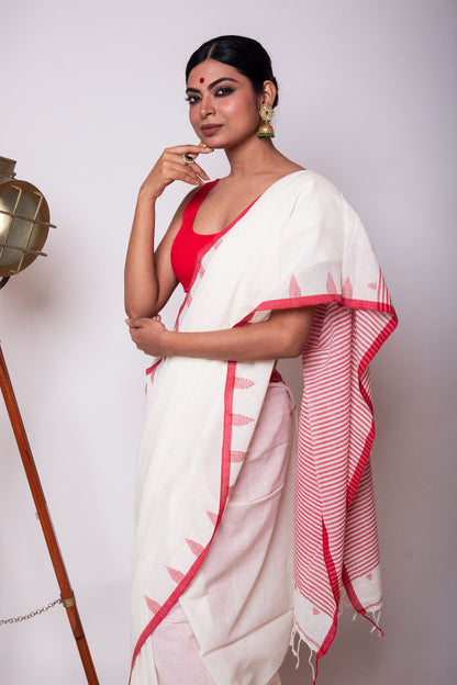 White Fulia Cotton Saree with Red Temple Woven Border