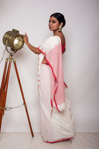 White Fulia Cotton Saree with Red Temple Woven Border