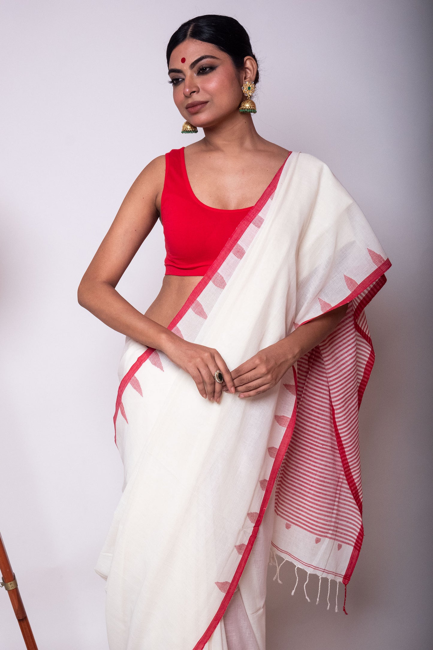 White Fulia Cotton Saree with Red Temple Woven Border