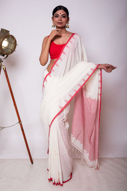 White Fulia Cotton Saree with Red Temple Woven Border