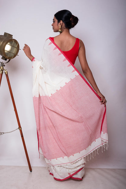 White Fulia Cotton Saree with Red Temple Woven Border