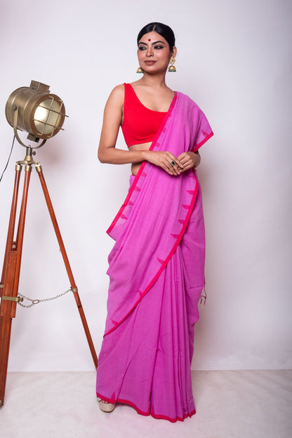 Orchid Fulia Cotton Saree with Red Temple Woven Border