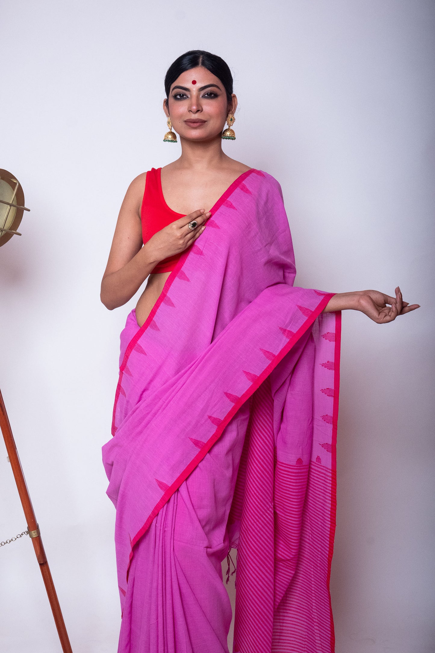 Orchid Fulia Cotton Saree with Red Temple Woven Border