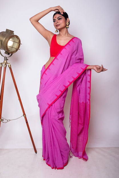 Orchid Fulia Cotton Saree with Red Temple Woven Border