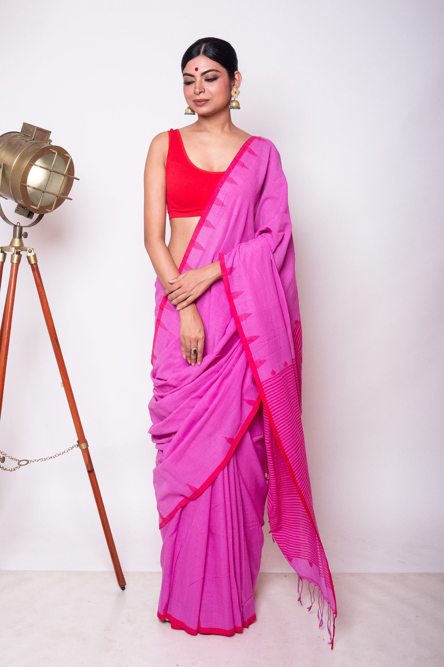 Orchid Fulia Cotton Saree with Red Temple Woven Border