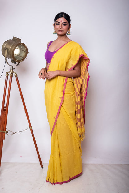 Saffron Yellow Fulia Cotton Saree with Purple Temple Woven Border