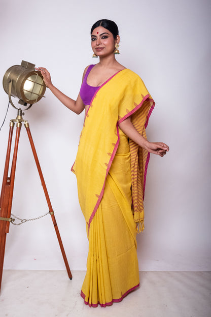 Saffron Yellow Fulia Cotton Saree with Purple Temple Woven Border