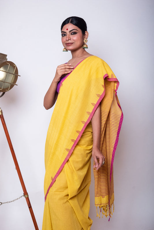 Saffron Yellow Fulia Cotton Saree with Purple Temple Woven Border