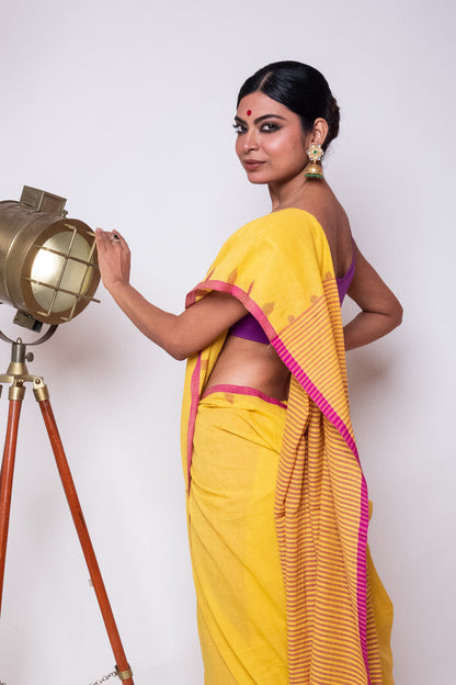 Saffron Yellow Fulia Cotton Saree with Purple Temple Woven Border