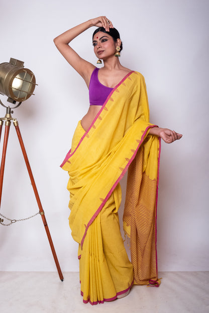 Saffron Yellow Fulia Cotton Saree with Purple Temple Woven Border