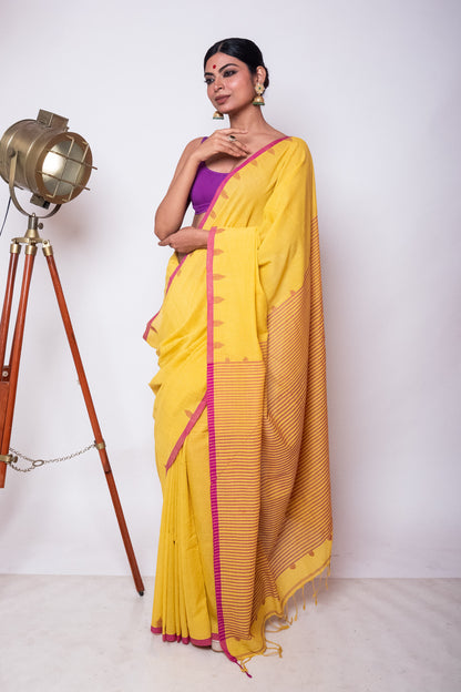 Saffron Yellow Fulia Cotton Saree with Purple Temple Woven Border