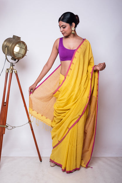 Saffron Yellow Fulia Cotton Saree with Purple Temple Woven Border