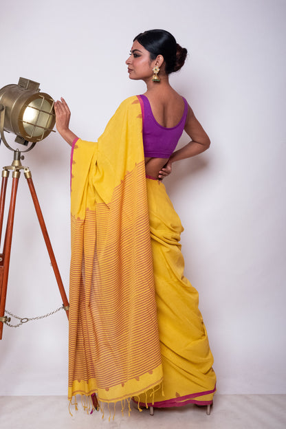 Saffron Yellow Fulia Cotton Saree with Purple Temple Woven Border