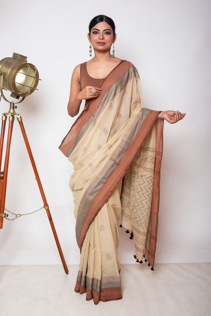 Beige Bengal Cotton Saree with Dual Color Border