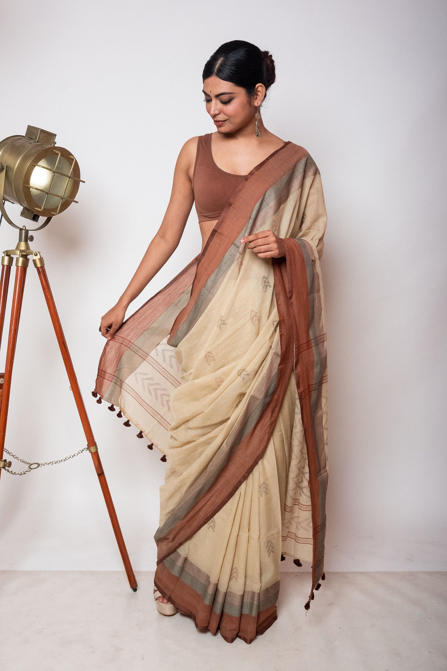 Beige Bengal Cotton Saree with Dual Color Border