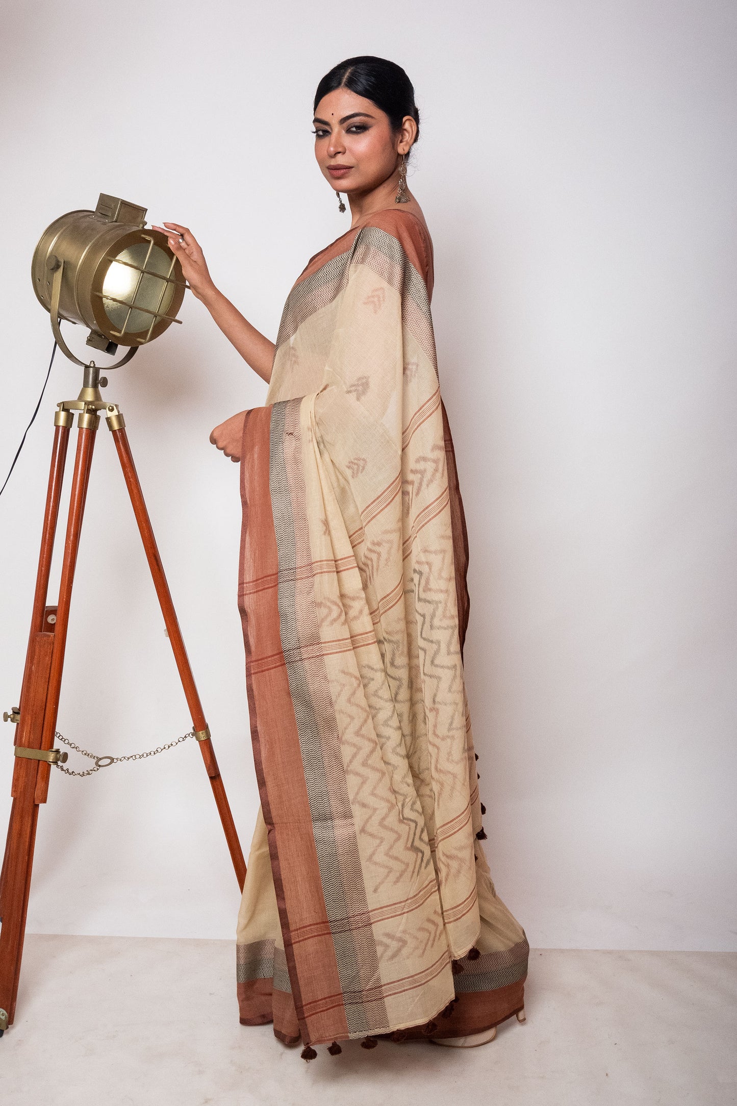 Beige Bengal Cotton Saree with Dual Color Border