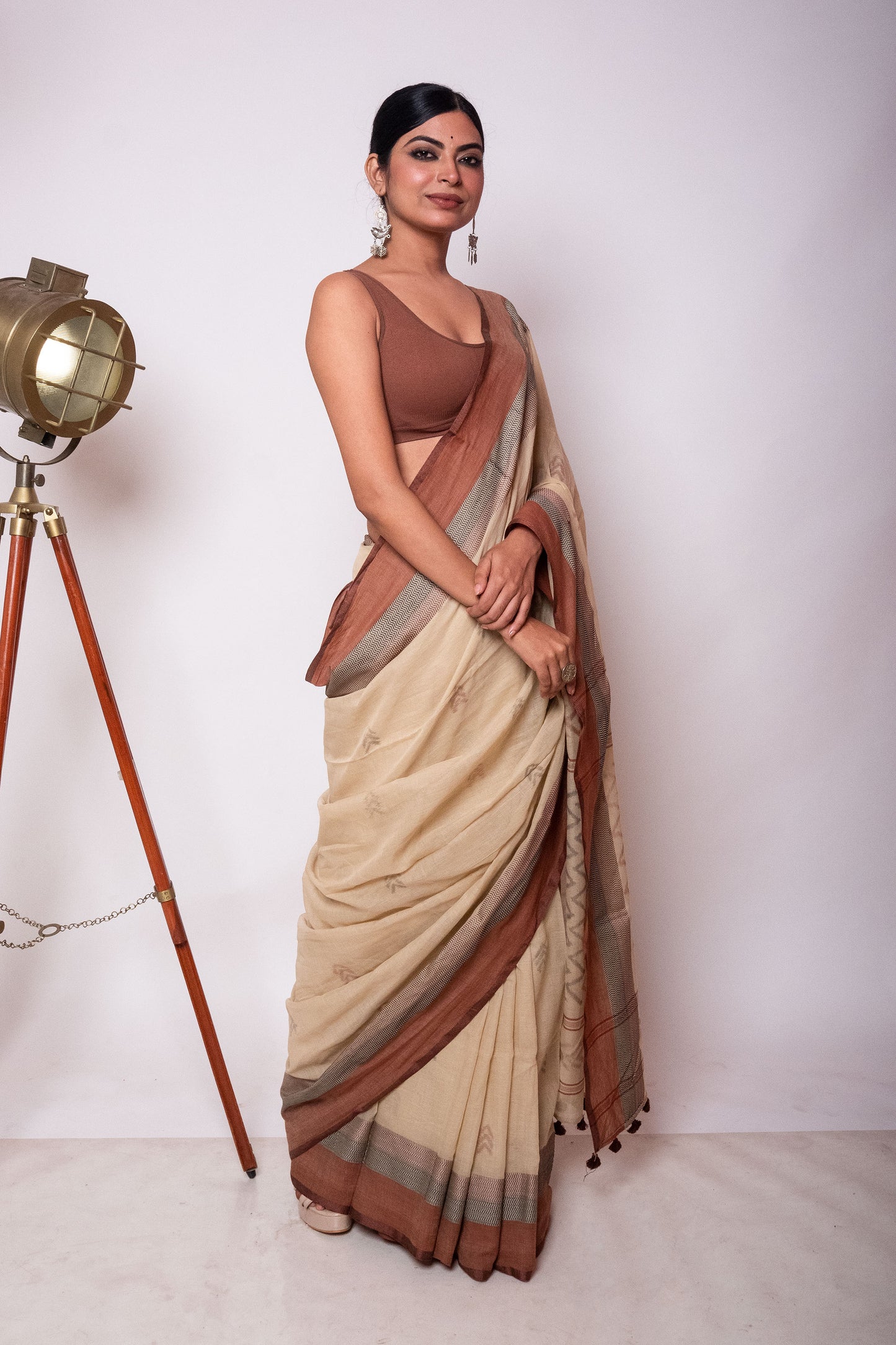 Beige Bengal Cotton Saree with Dual Color Border