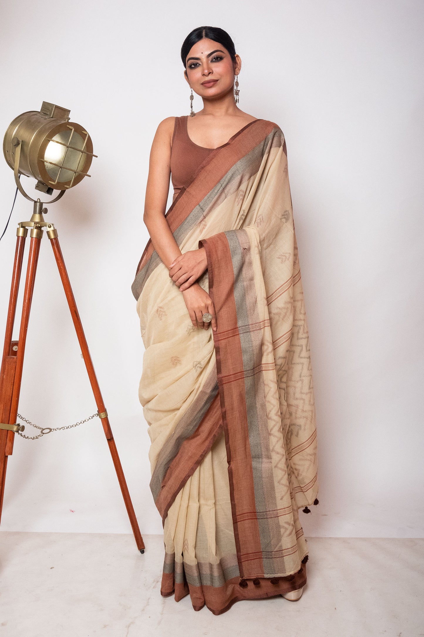 Beige Bengal Cotton Saree with Dual Color Border