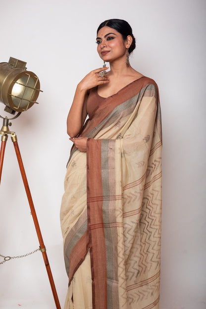 Beige Bengal Cotton Saree with Dual Color Border